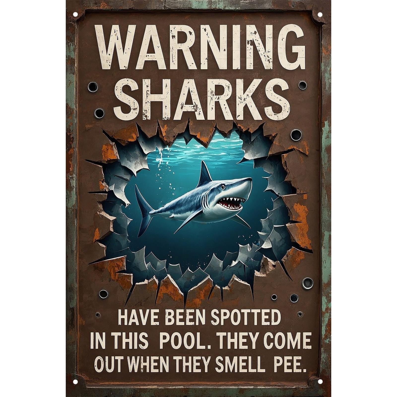 Vintage Sharks Spotted in Pool Metal Sign - Funny Novelty Wall Decor