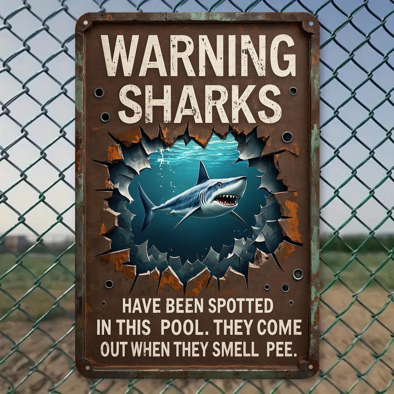Vintage Sharks Spotted in Pool Metal Sign - Funny Novelty Wall Decor