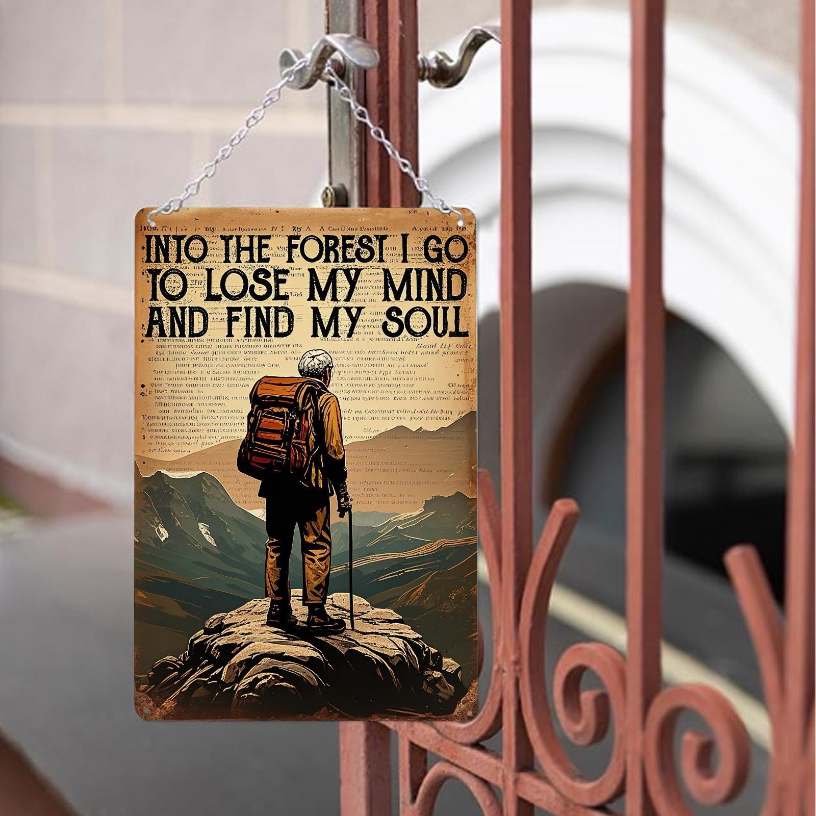 Into the Forest Hiking Metal Sign: Rustic Cabin Wall Decor