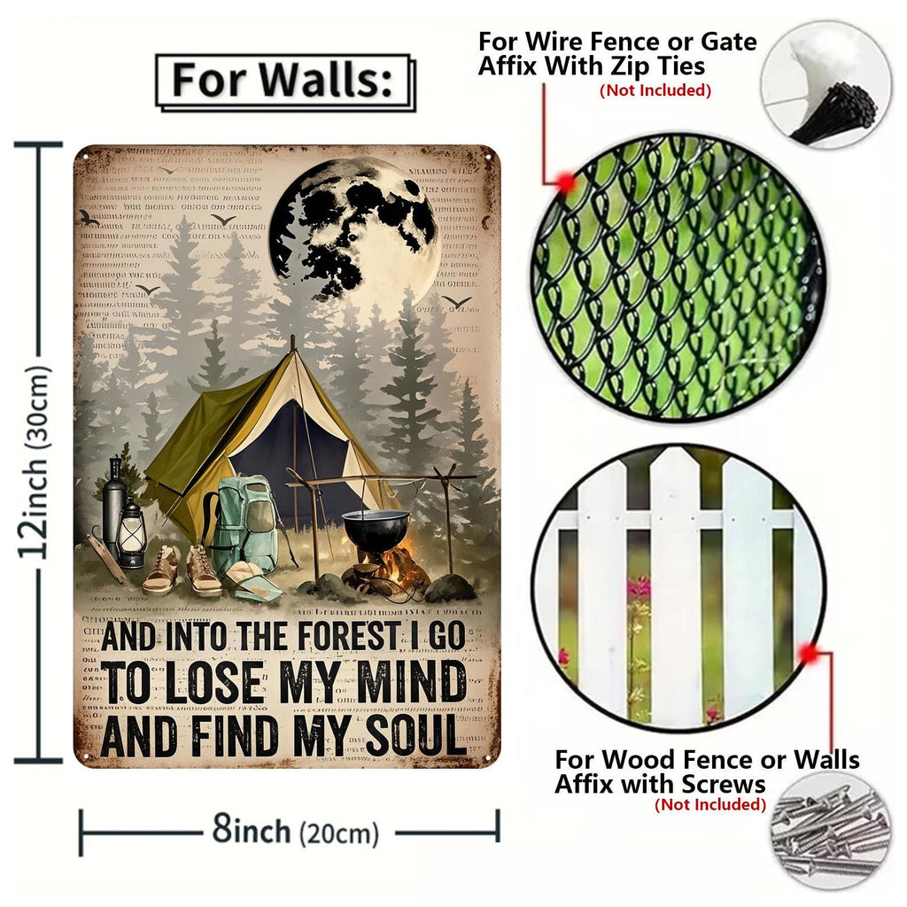 Camping Metal Sign: Into the Forest Rustic Cabin Decor (8x12)