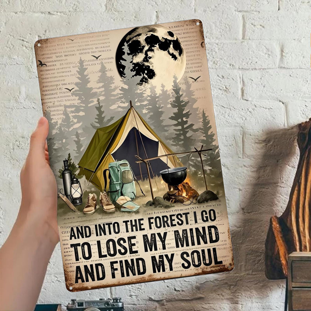 Camping Metal Sign: Into the Forest Rustic Cabin Decor (8x12)