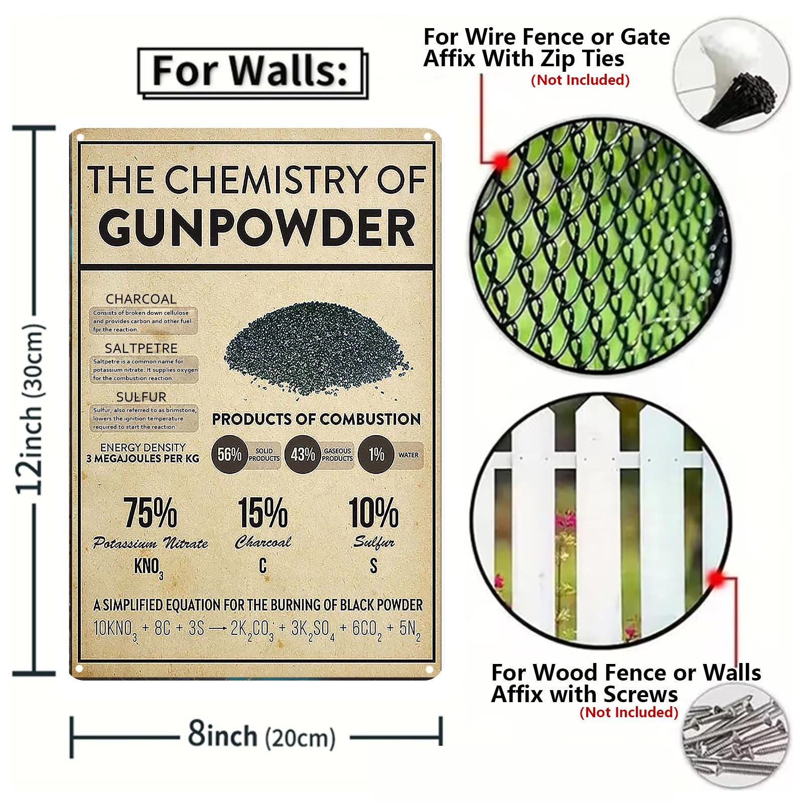 Vintage Chemistry of Gunpowder Metal Sign: Educational Wall Art
