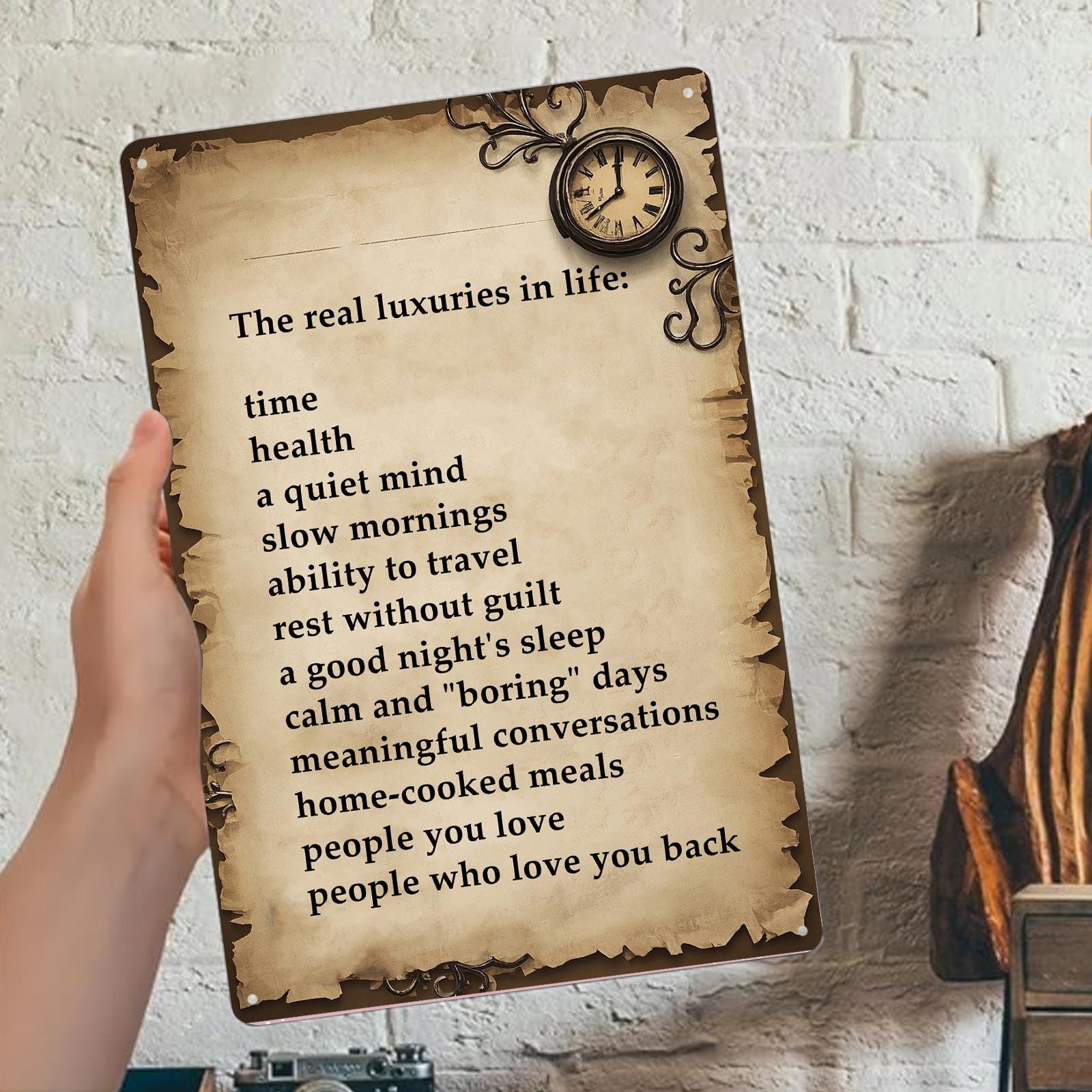 Real Luxuries in Life Metal Sign: Rustic Vintage Inspirational Wall Art