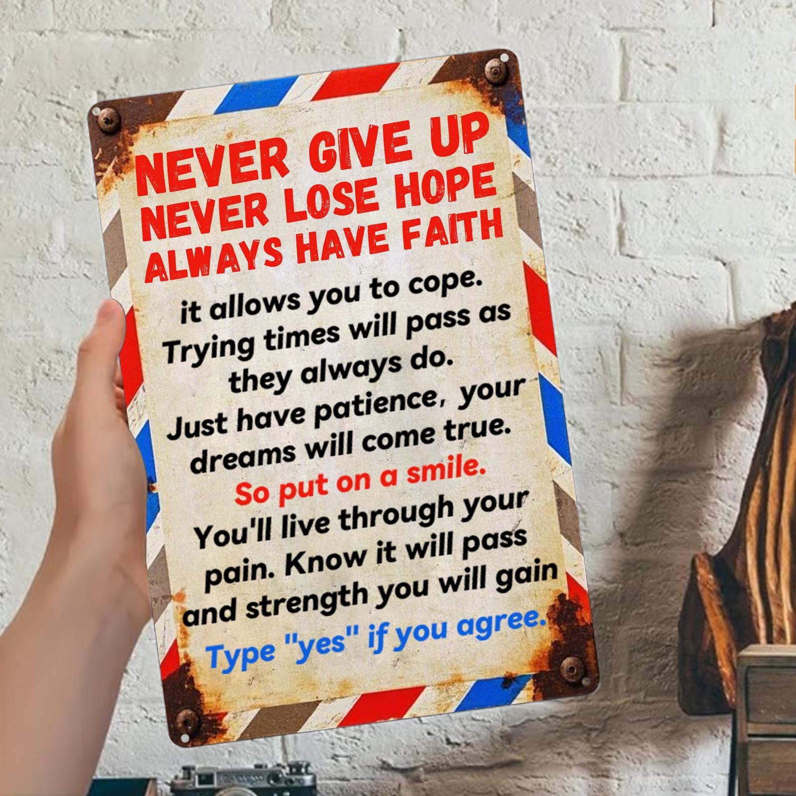 Inspirational Metal Sign: Vintage Faith Hope Love Wall Decor