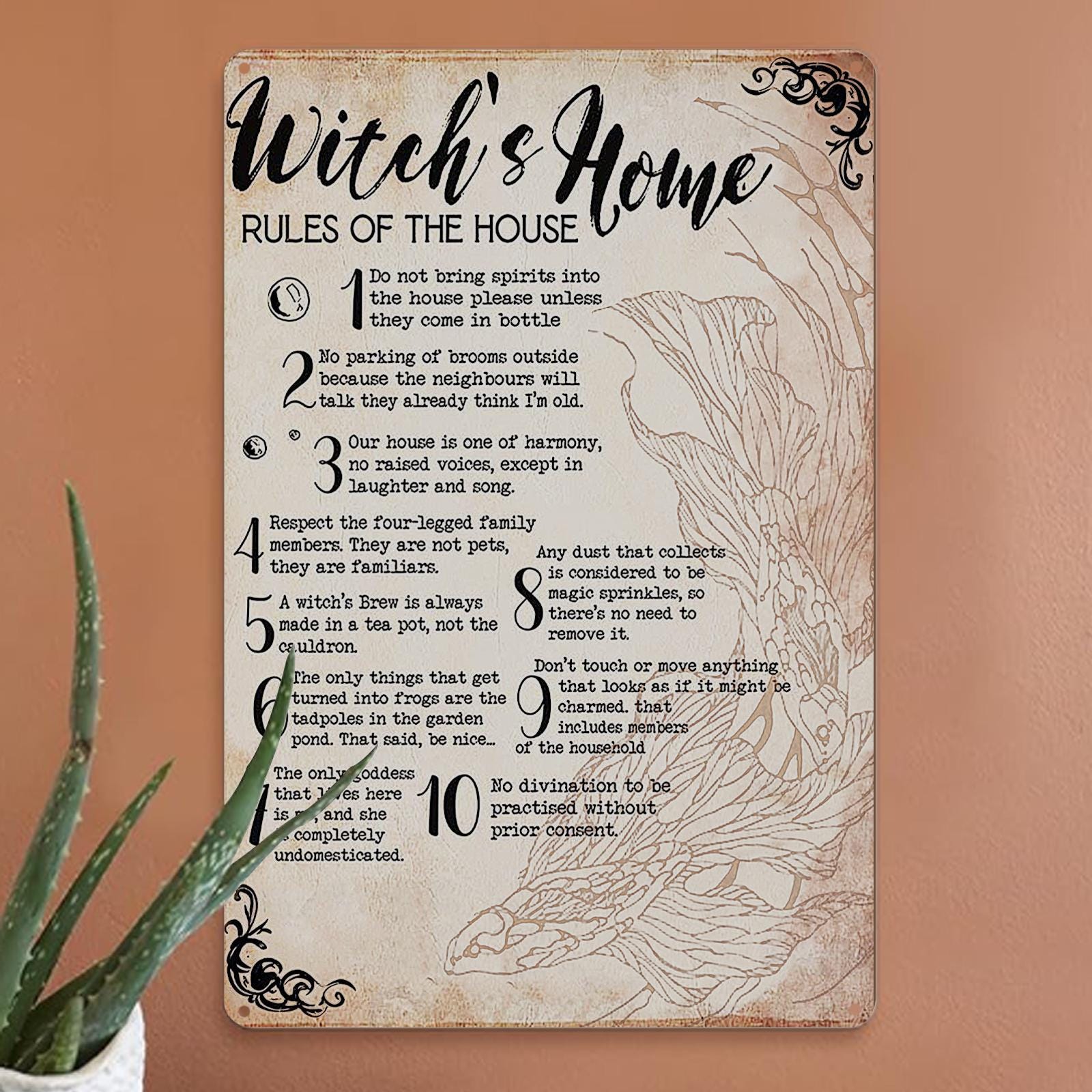 Vintage Witch's Home Rules Metal Sign: Halloween Decor