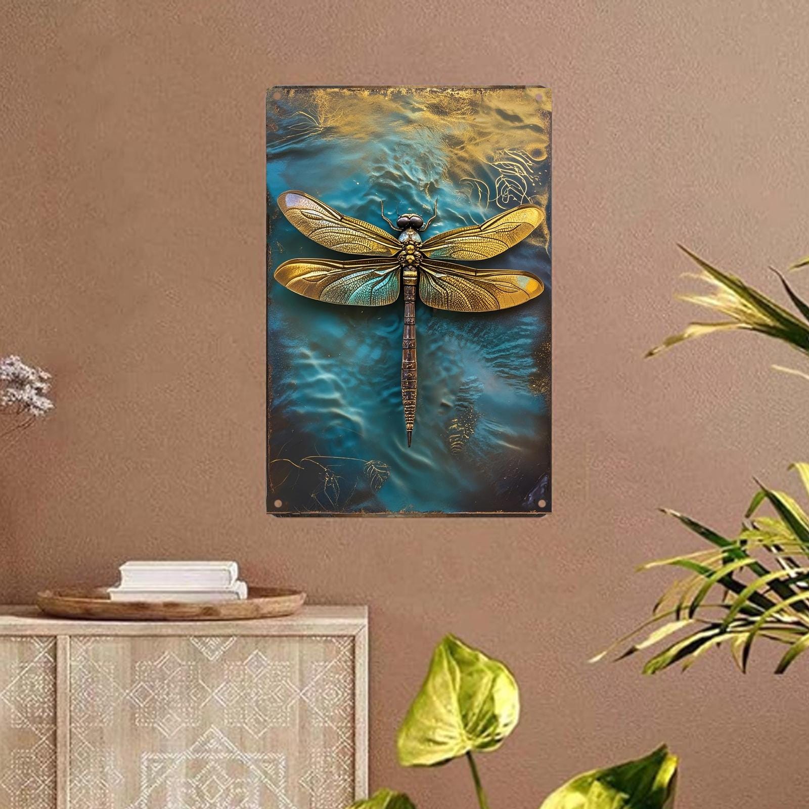 Vintage Dragonfly Metal Sign: Rustic Golden Insect Wall Art