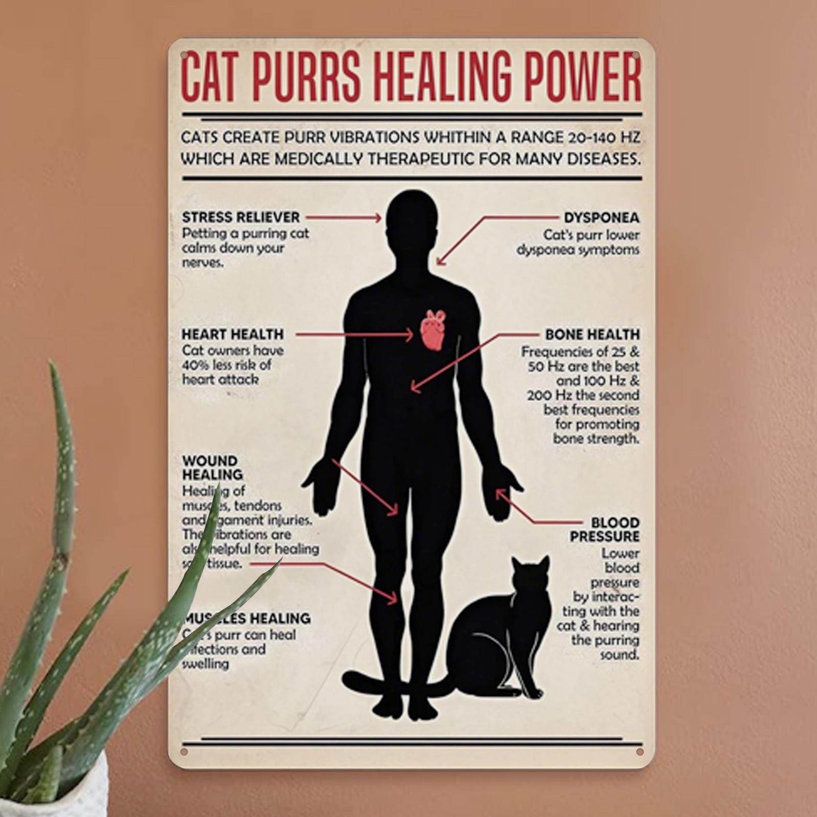 Cat Purrs Healing Power Metal Sign: Vintage Pet Therapy Art