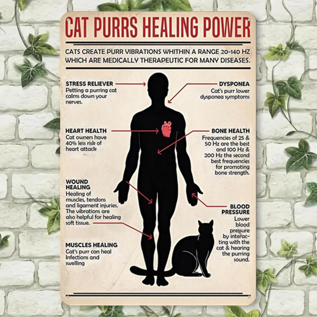 Cat Purrs Healing Power Metal Sign: Vintage Pet Therapy Art