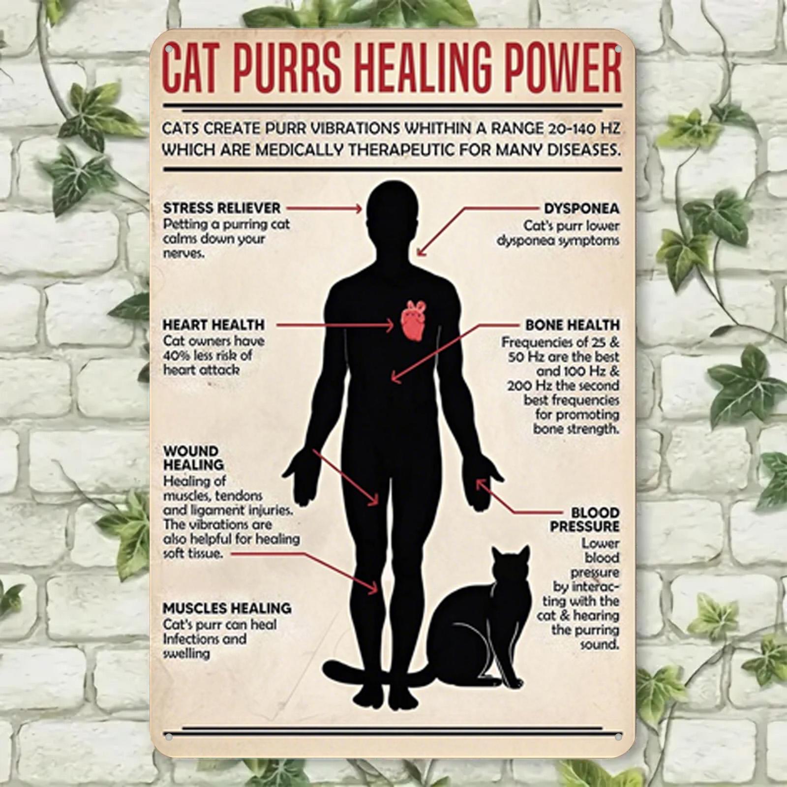 Cat Purrs Healing Power Metal Sign: Vintage Pet Therapy Art