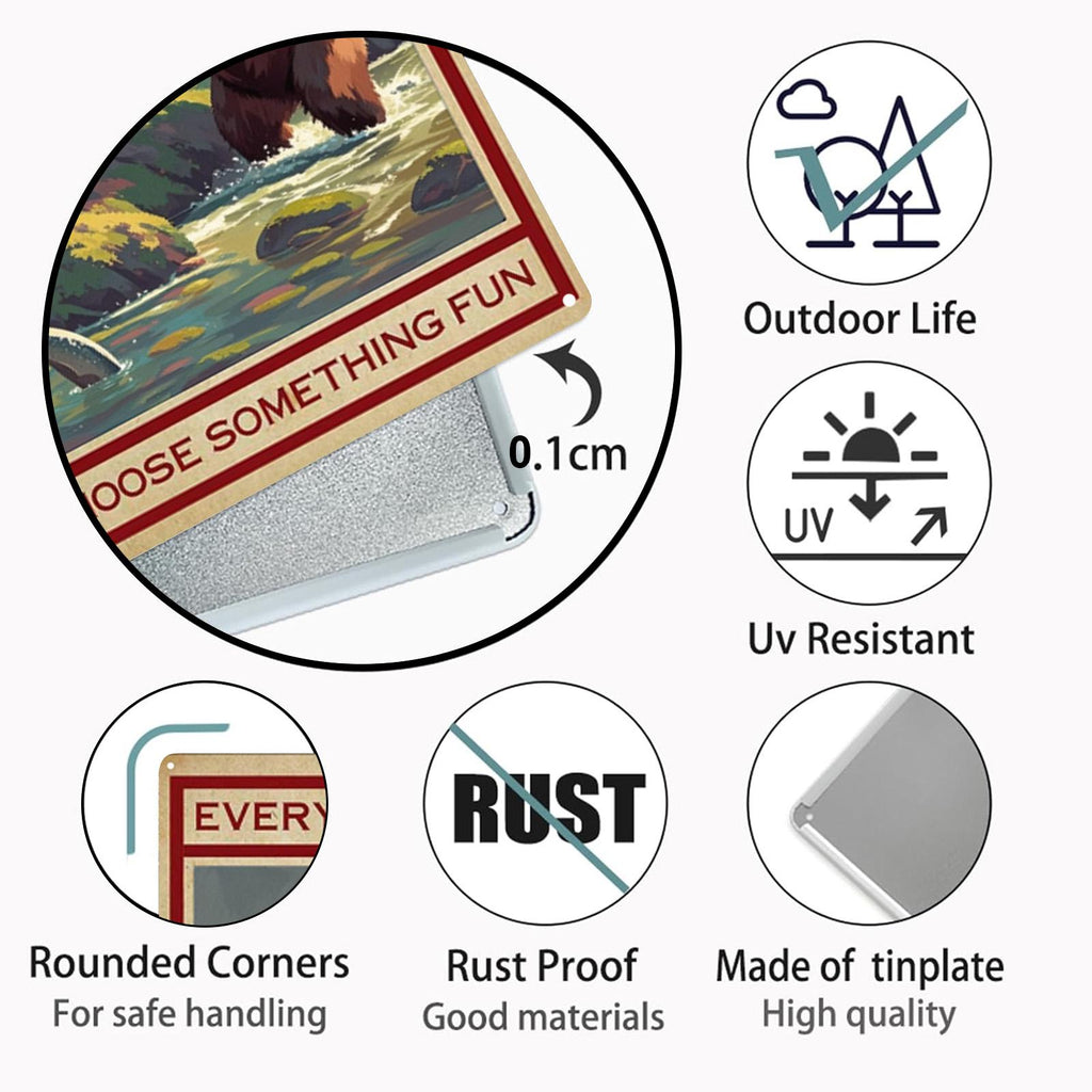 Funny Bear Fishing Metal Sign: Rustic Cabin Wall Decor