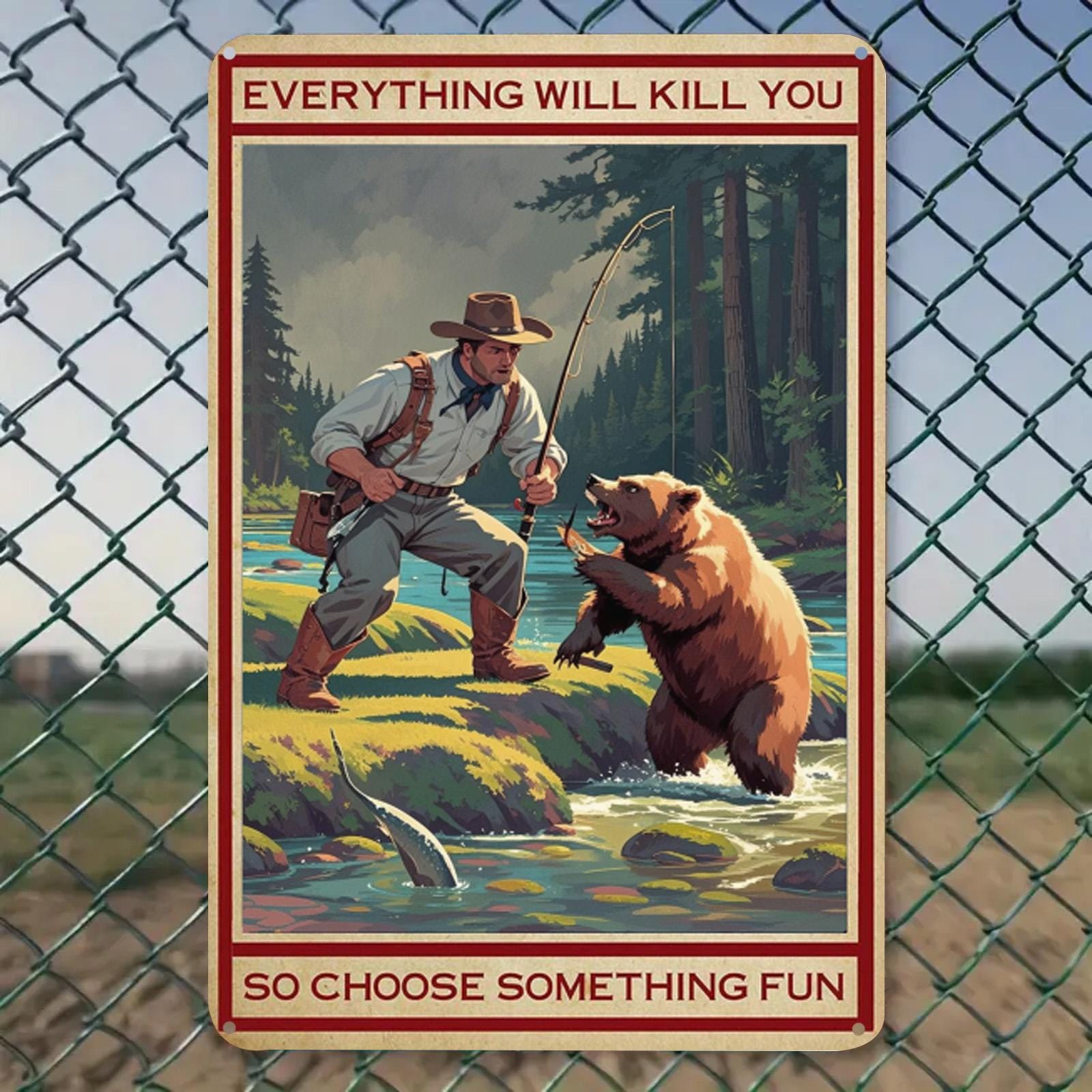 Funny Bear Fishing Metal Sign: Rustic Cabin Wall Decor