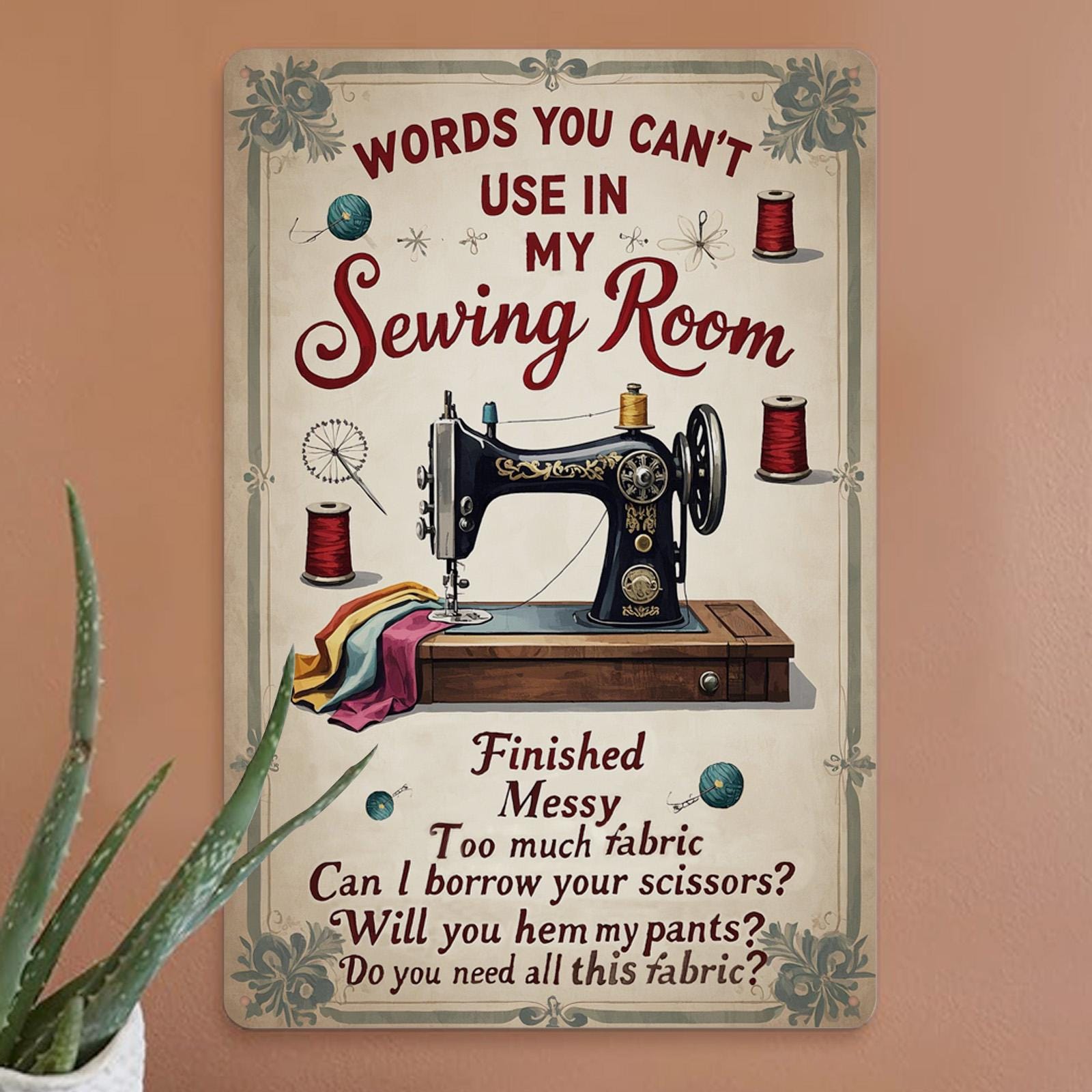 Funny Sewing Room Metal Sign: Vintage Seamstress Decor (8x12)