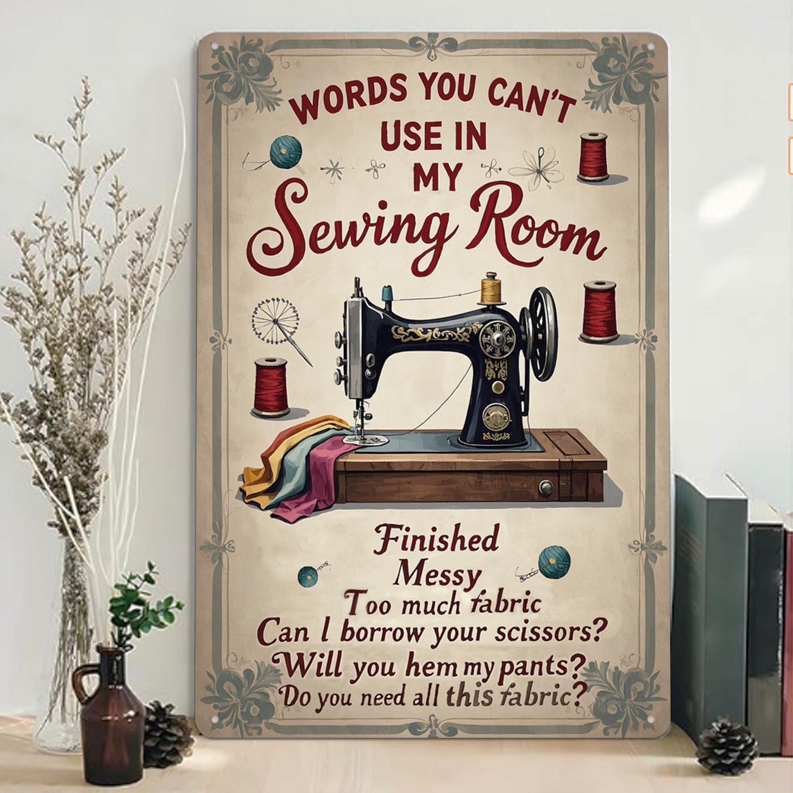 Funny Sewing Room Metal Sign: Vintage Seamstress Decor (8x12)