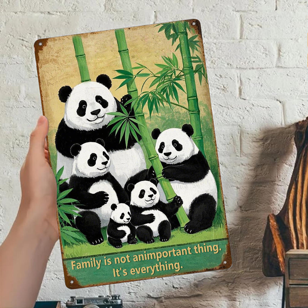 Décoration murale en métal « Famille Panda » | Style vintage bambou (20x30 cm)
