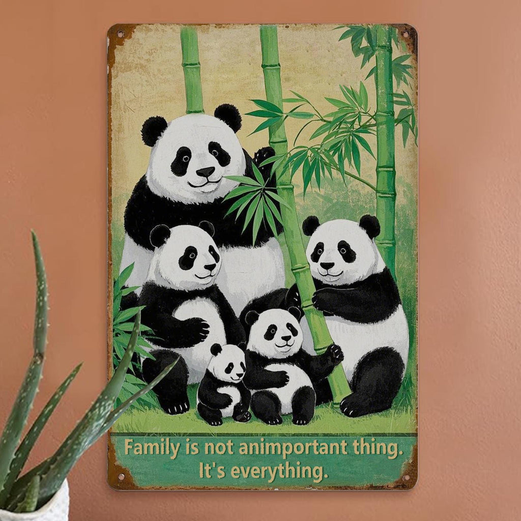 Décoration murale en métal « Famille Panda » | Style vintage bambou (20x30 cm)