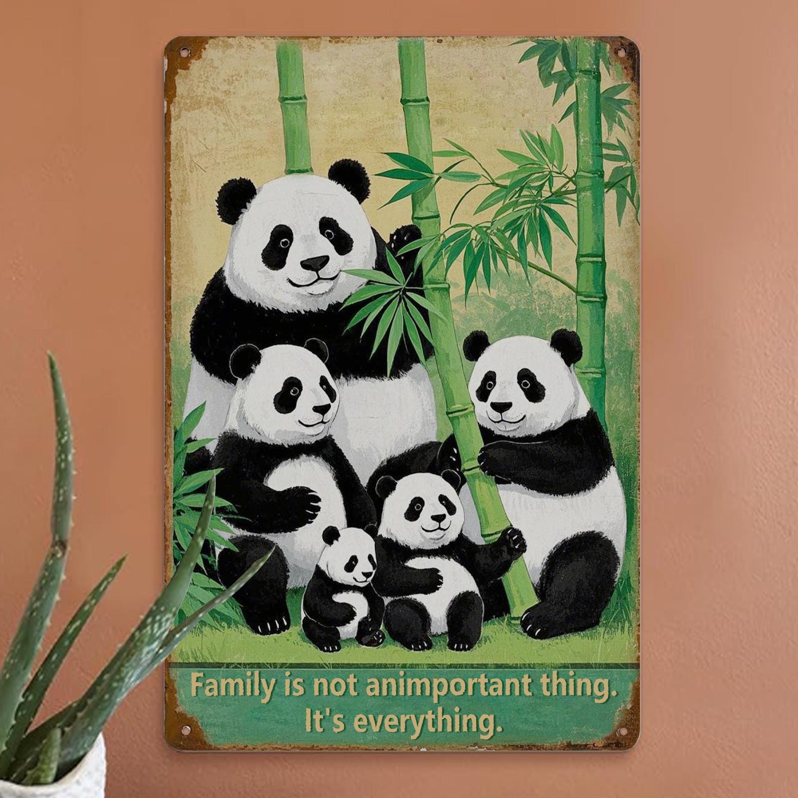 Panda Family Metal Sign: Vintage Bamboo Wall Art Decor (8x12)