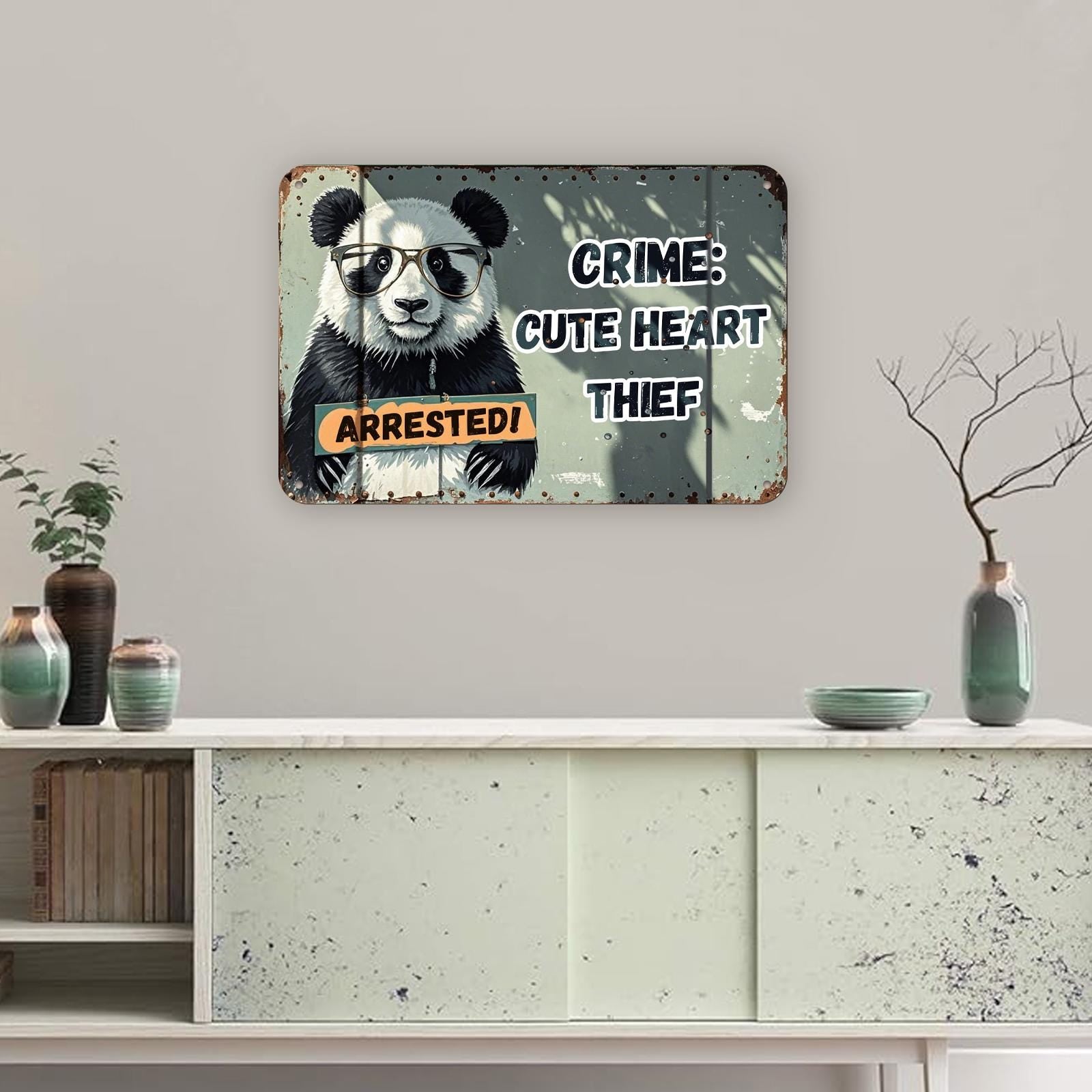 Funny Panda Metal Sign: Vintage Heart Thief Wall Decor
