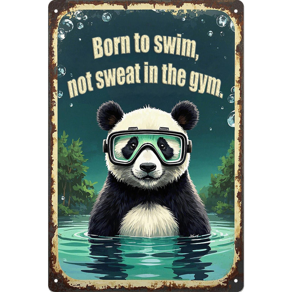 Panda Swimmer Metal Sign: Funny Retro Home Gym Wall Decor