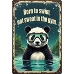 Letrero metálico de panda nadador | Divertida decoración retro de pared para gimnasio en casa