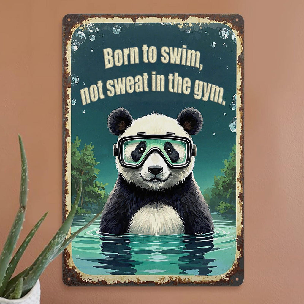 Panda Swimmer Metal Sign: Funny Retro Home Gym Wall Decor