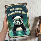 Letrero metálico de panda nadador | Divertida decoración retro de pared para gimnasio en casa