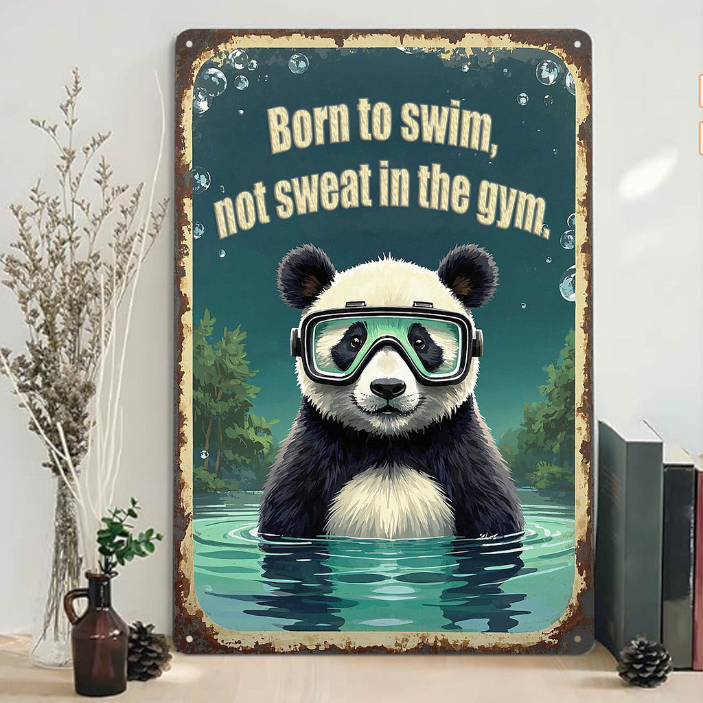 Panda Swimmer Metal Sign: Funny Retro Home Gym Wall Decor