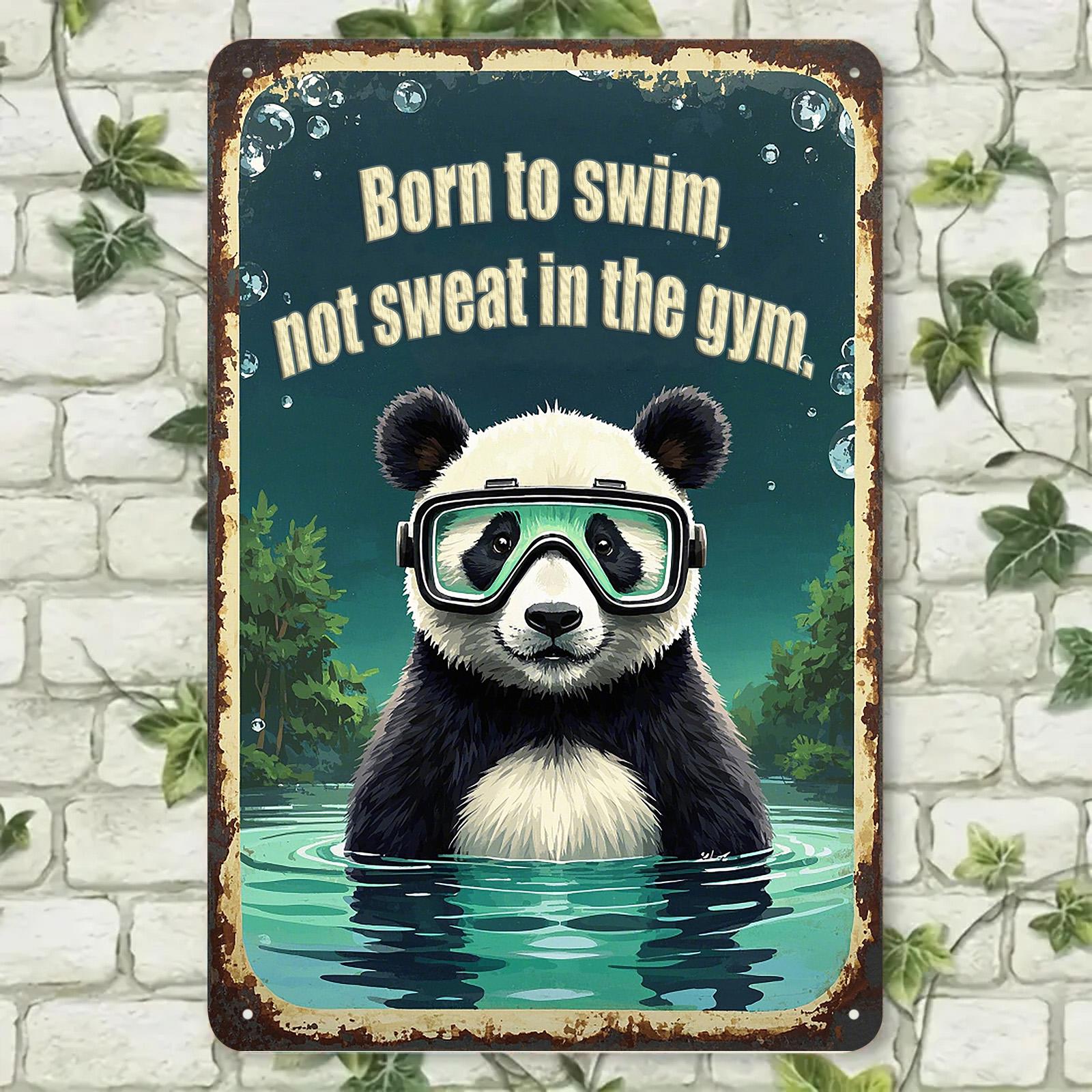 Panda Swimmer Metal Sign: Funny Retro Home Gym Wall Decor