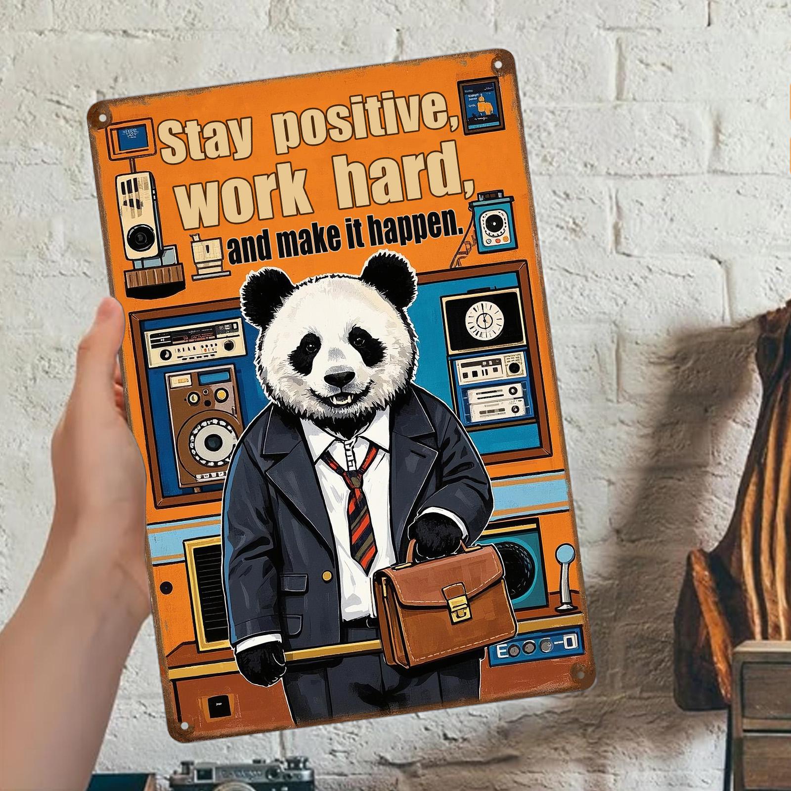 Motivational Panda Metal Sign: Retro Office Decor