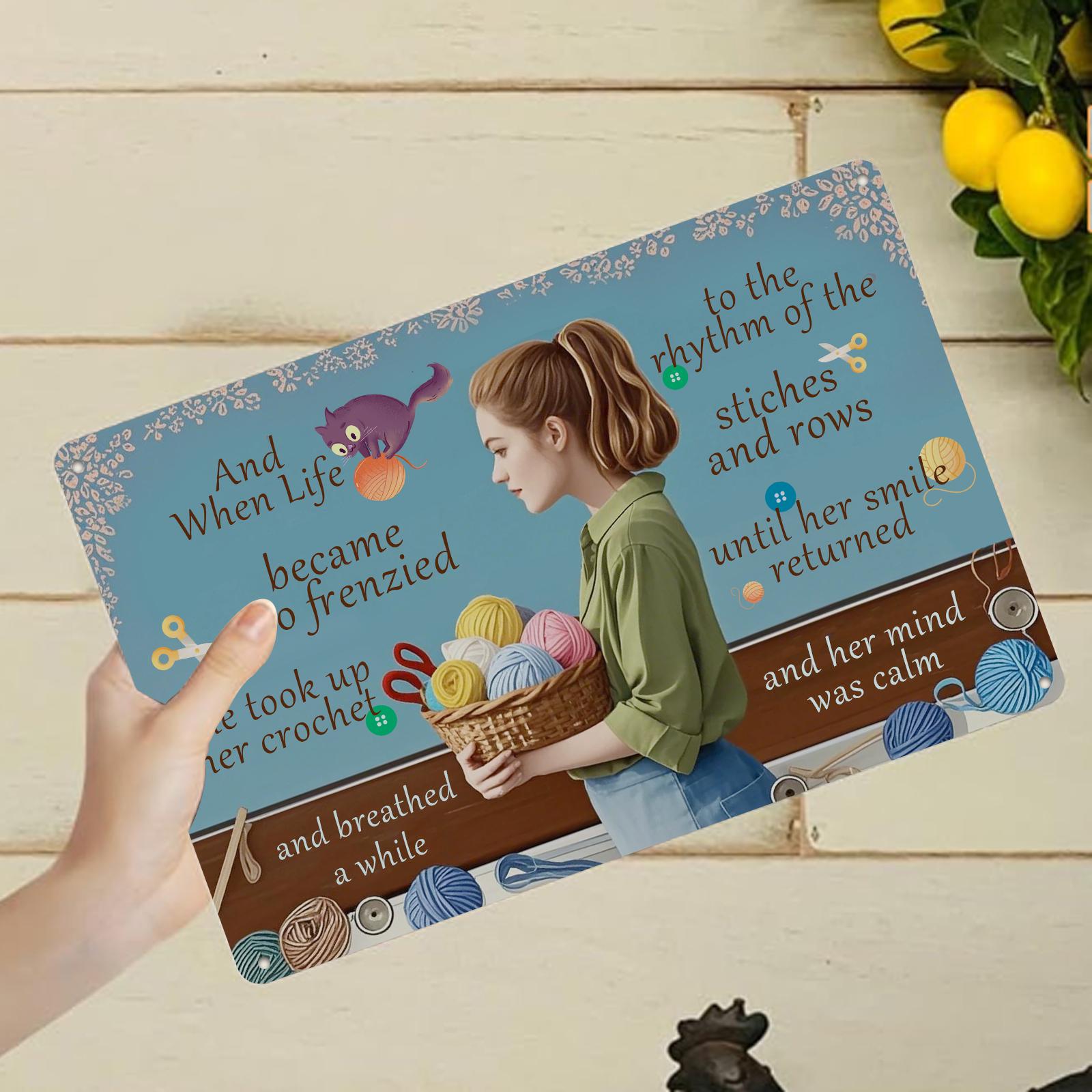 Crochet Metal Sign: Yarn Basket Woman Wall Art - Craft Room Decor