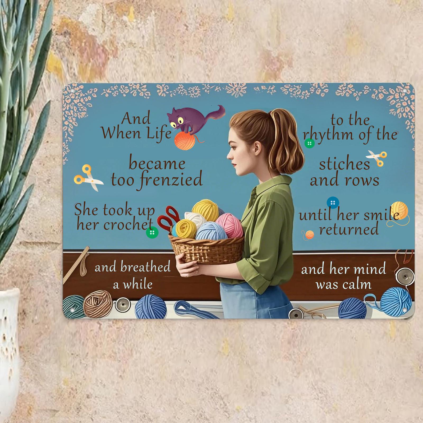 Crochet Metal Sign: Yarn Basket Woman Wall Art - Craft Room Decor