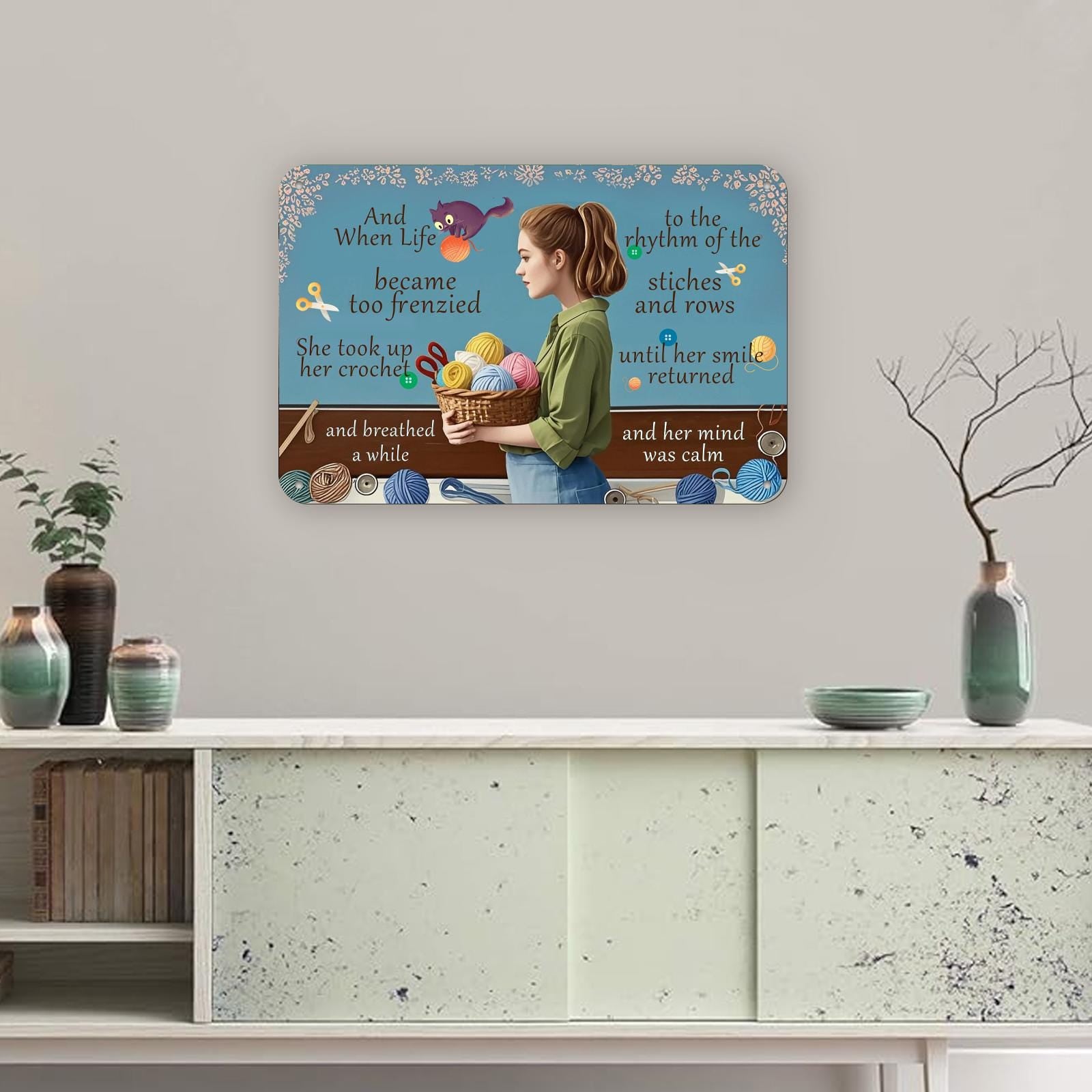 Crochet Metal Sign: Yarn Basket Woman Wall Art - Craft Room Decor