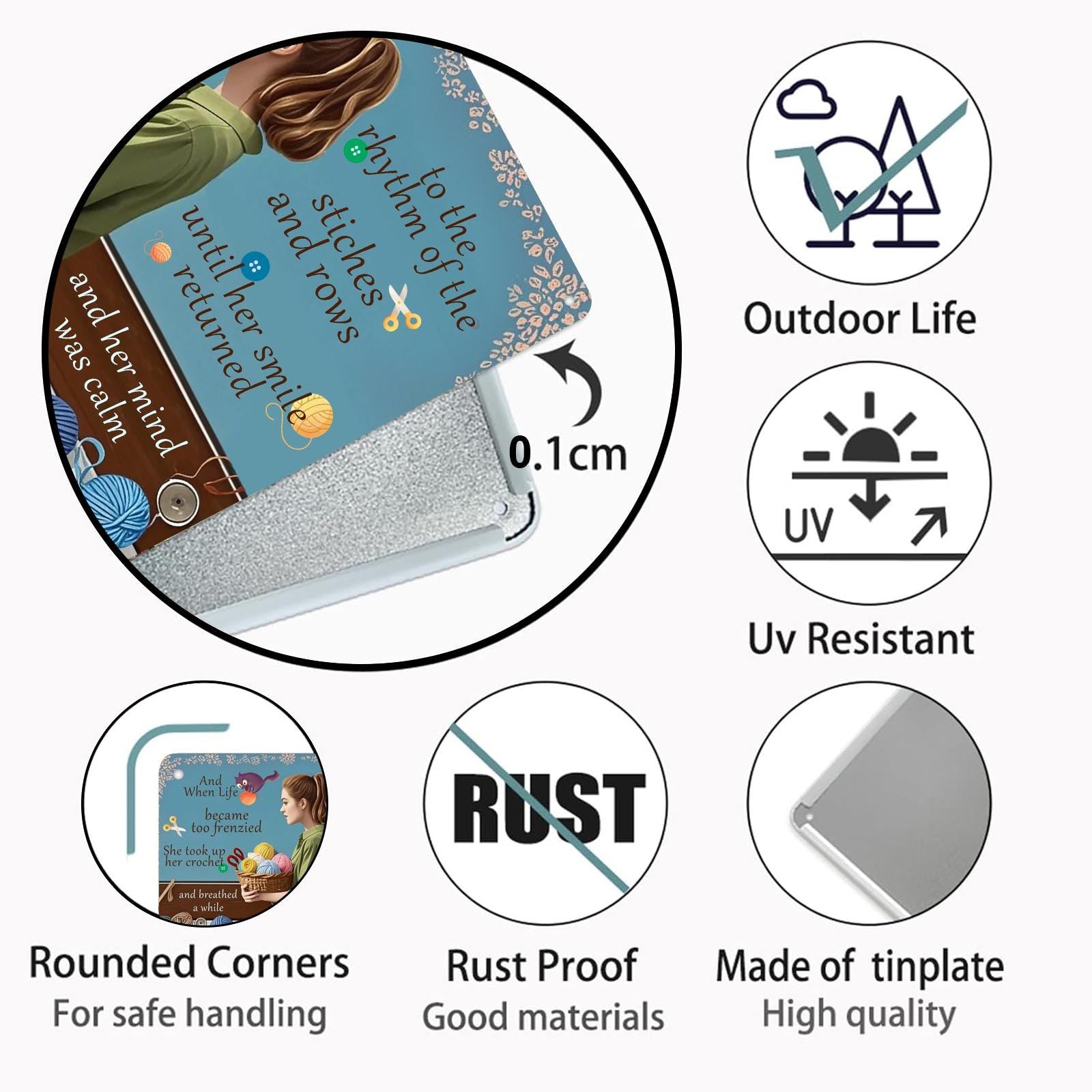 Crochet Metal Sign: Yarn Basket Woman Wall Art - Craft Room Decor