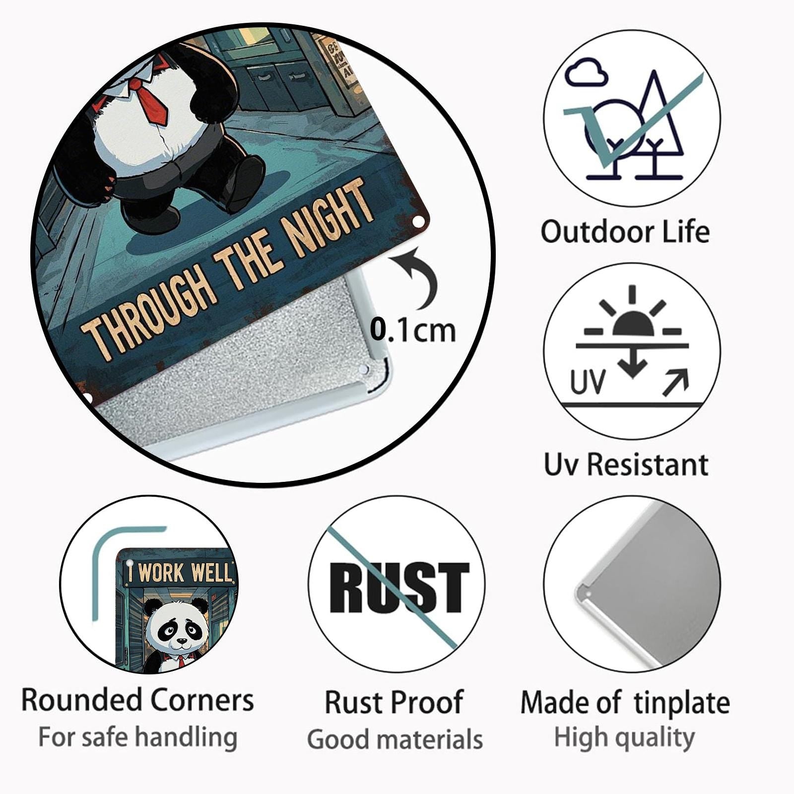 Panda Work Through The Night Metal Sign: Vintage Style Home Decor