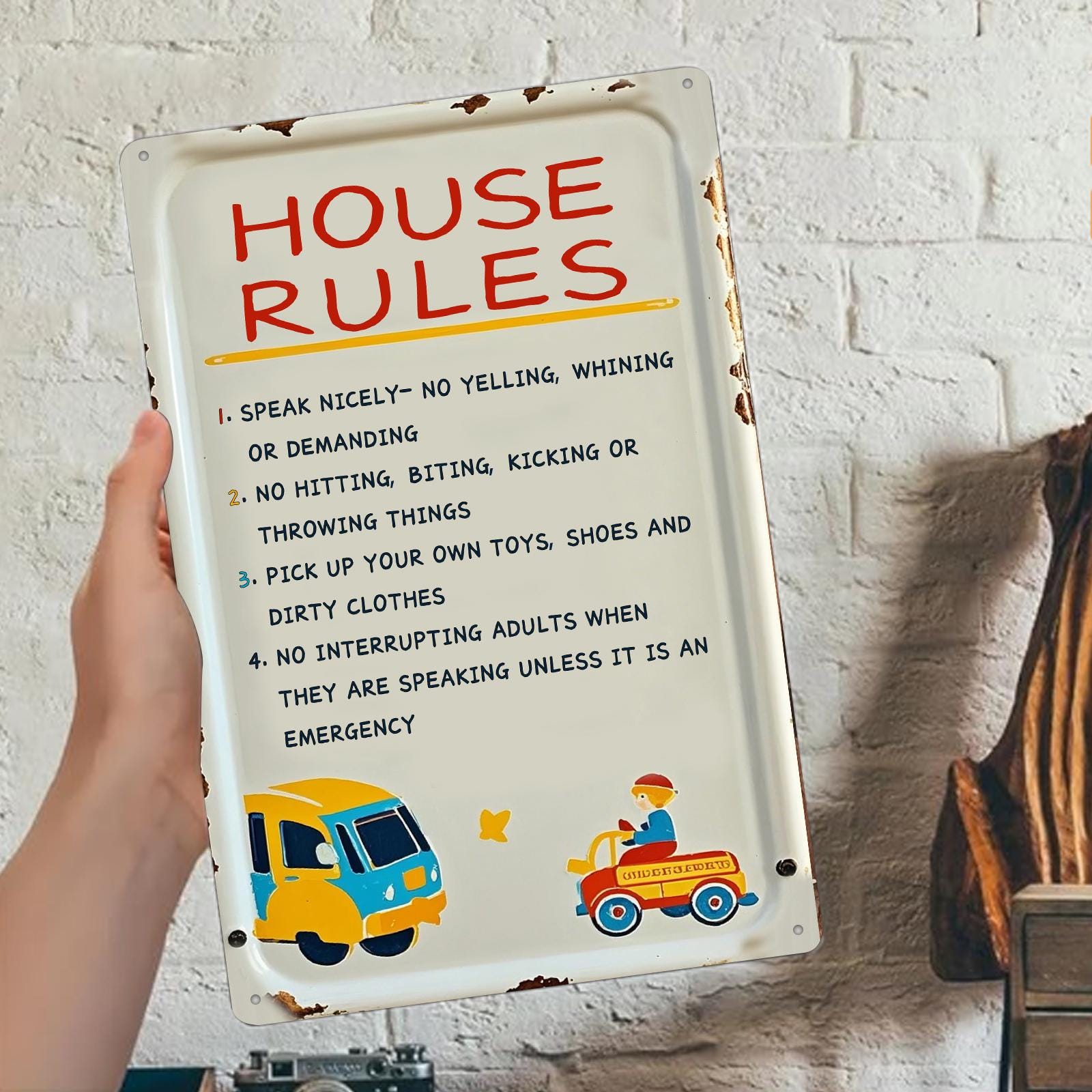 Cartoon Style House Rules Metal Sign: Kids Room Decor