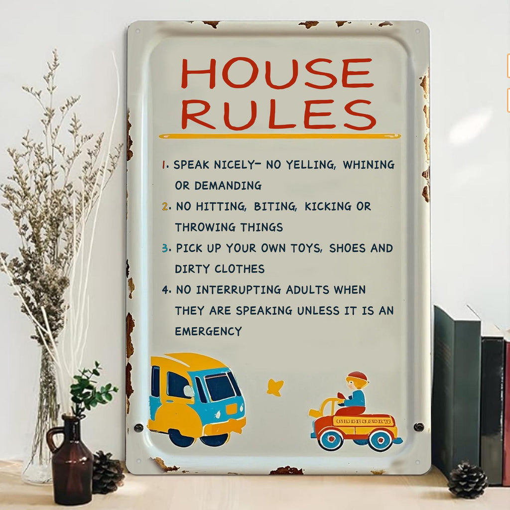 Cartoon Style House Rules Metal Sign: Kids Room Decor