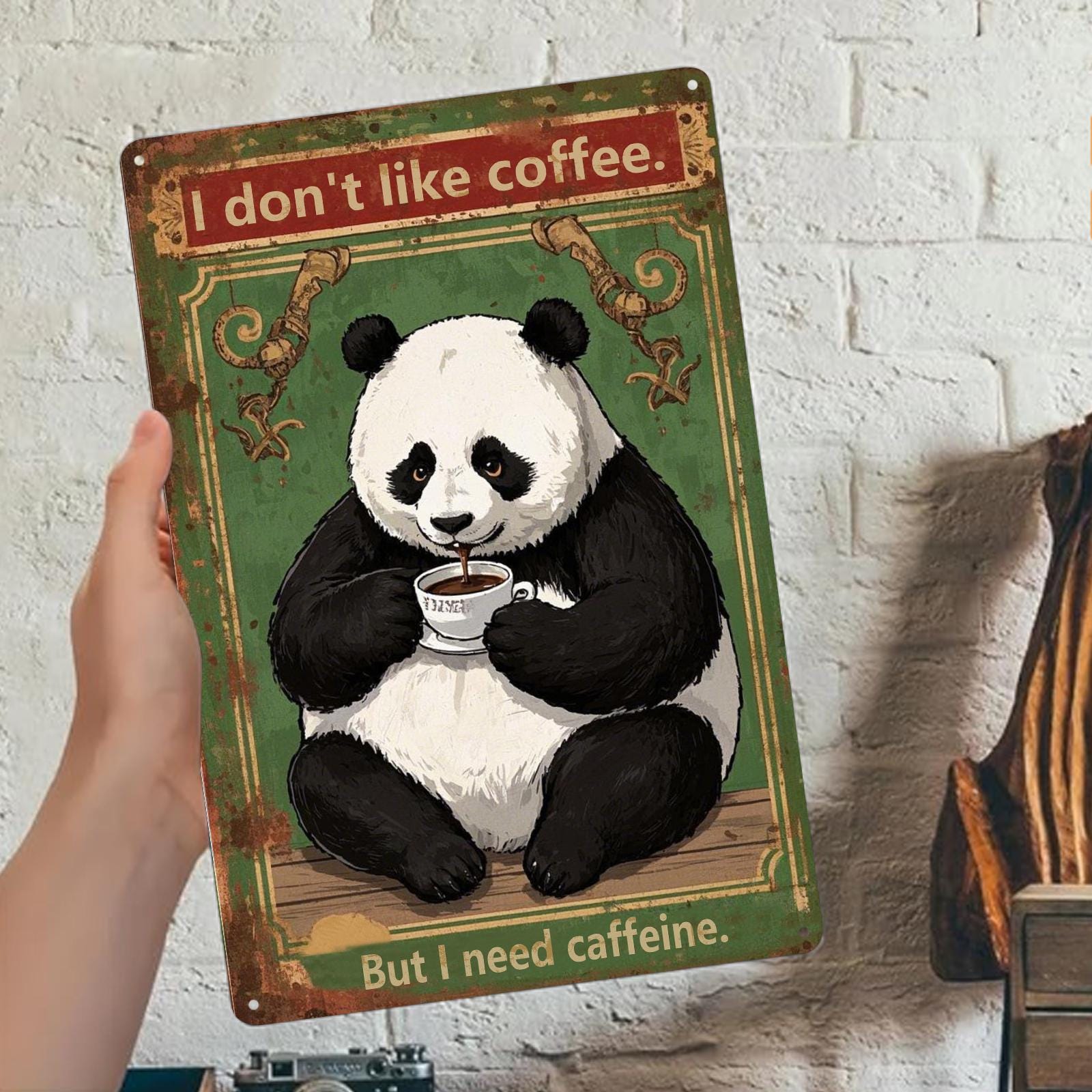 Panda with Coffee Metal Sign: Funny Vintage Cafe Bar Wall Decor