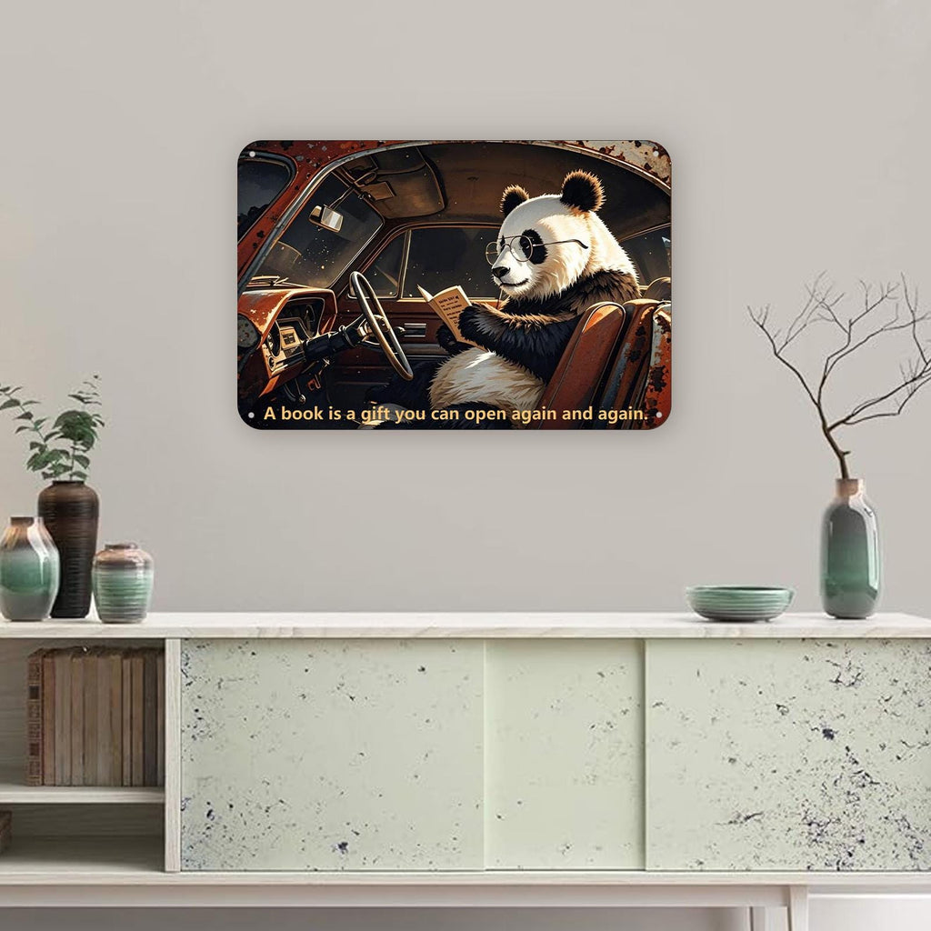 Panda Reading in Car Metal Sign - Vintage Library Wall Art