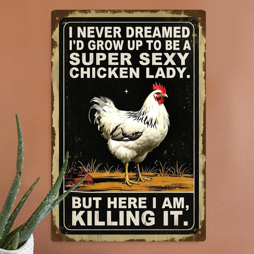 Letrero de metal divertido de "Funny Chicken Lady" | Decoración de pared retro de casa de campo
