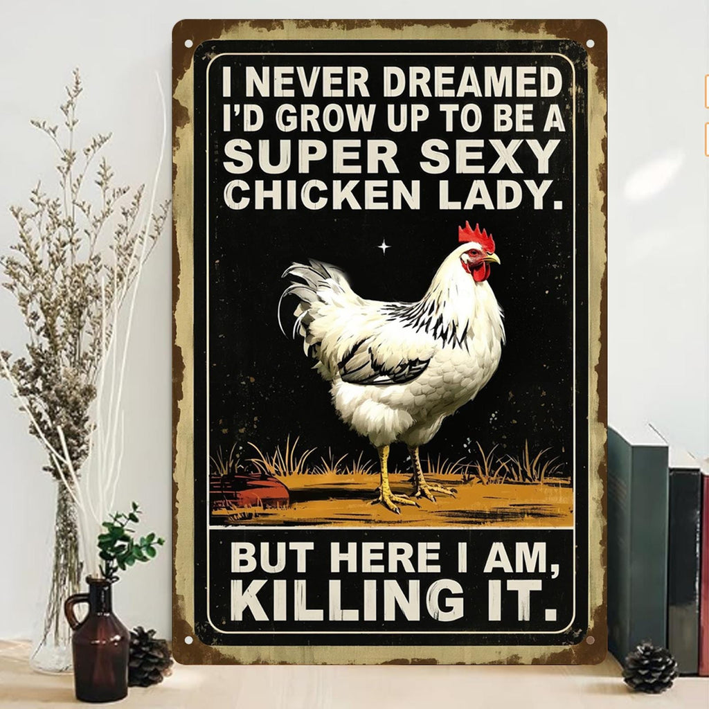 Letrero de metal divertido de "Funny Chicken Lady" | Decoración de pared retro de casa de campo