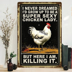 Letrero de metal divertido de "Funny Chicken Lady" | Decoración de pared retro de casa de campo