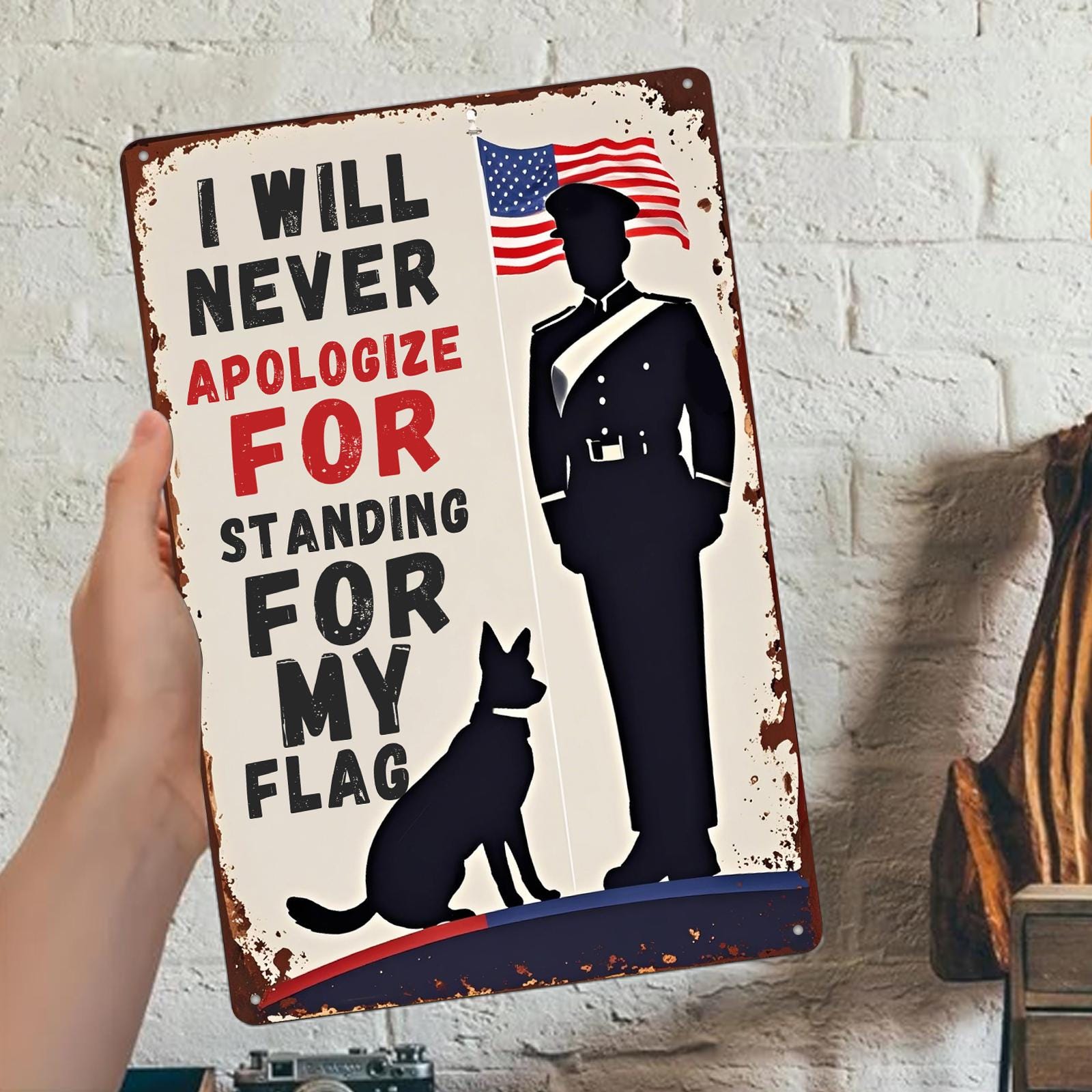 Patriotic Metal Sign: Military Soldier, Dog & American Flag - USA Pride