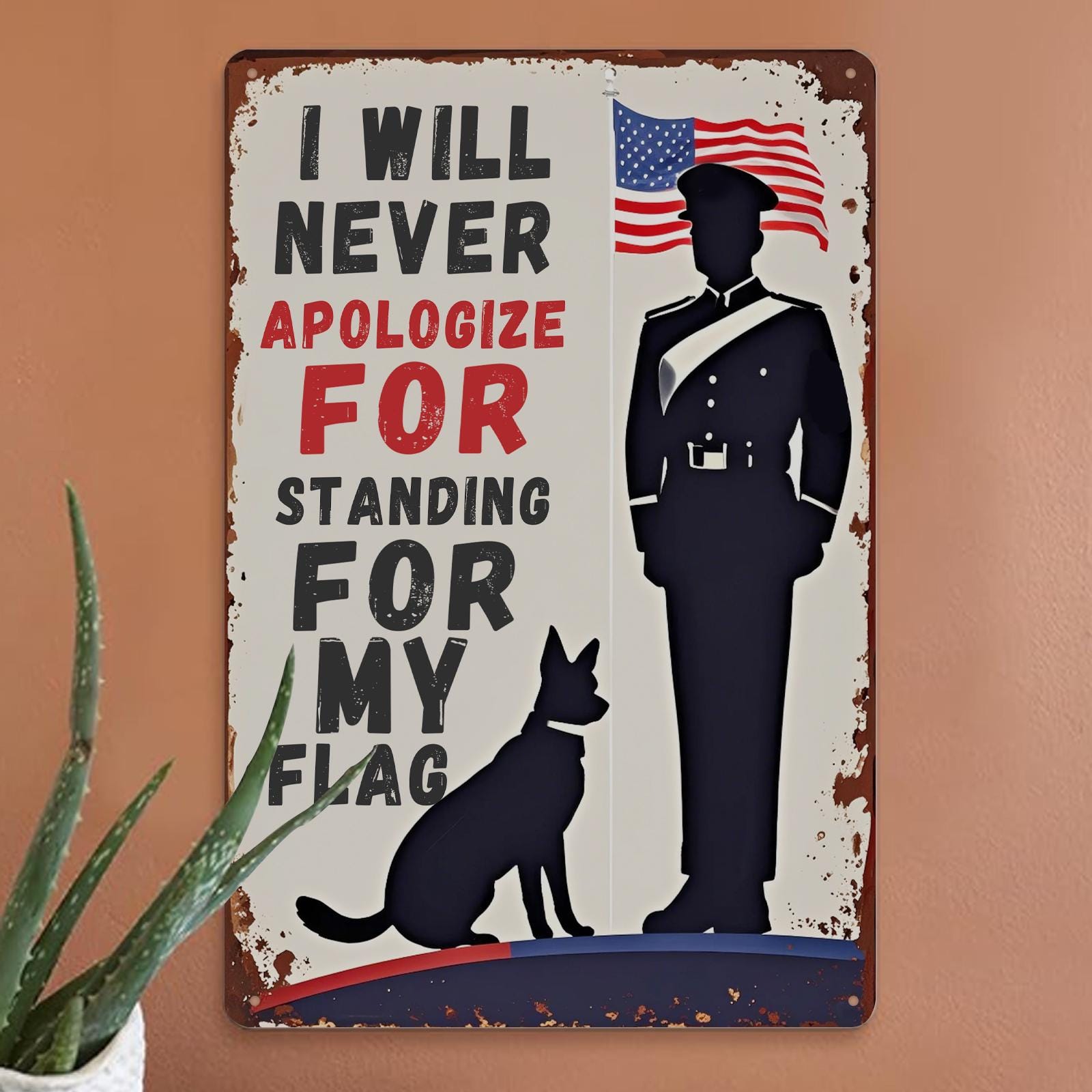 Patriotic Metal Sign: Military Soldier, Dog & American Flag - USA Pride