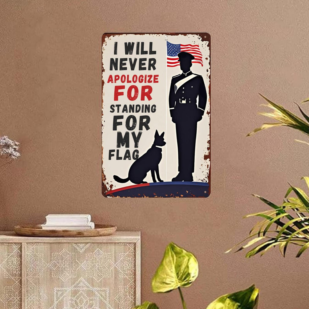 Patriotic Metal Sign: Military Soldier, Dog & American Flag - USA Pride