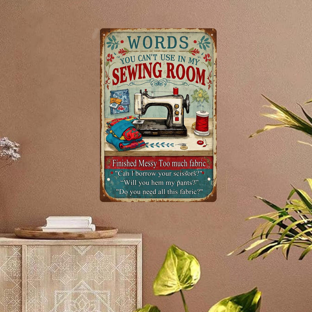 Pancarte métallique amusante pour salle de couture | Mots interdits | Décoration murale style vintage