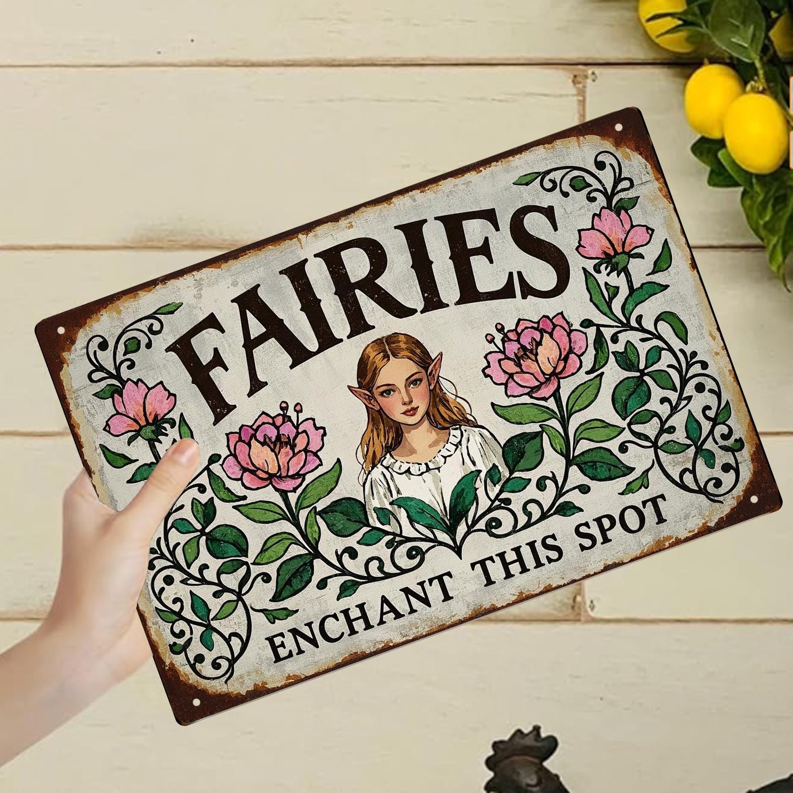 Vintage Fairy Garden Metal Sign: Rustic Home Decor (8x12)