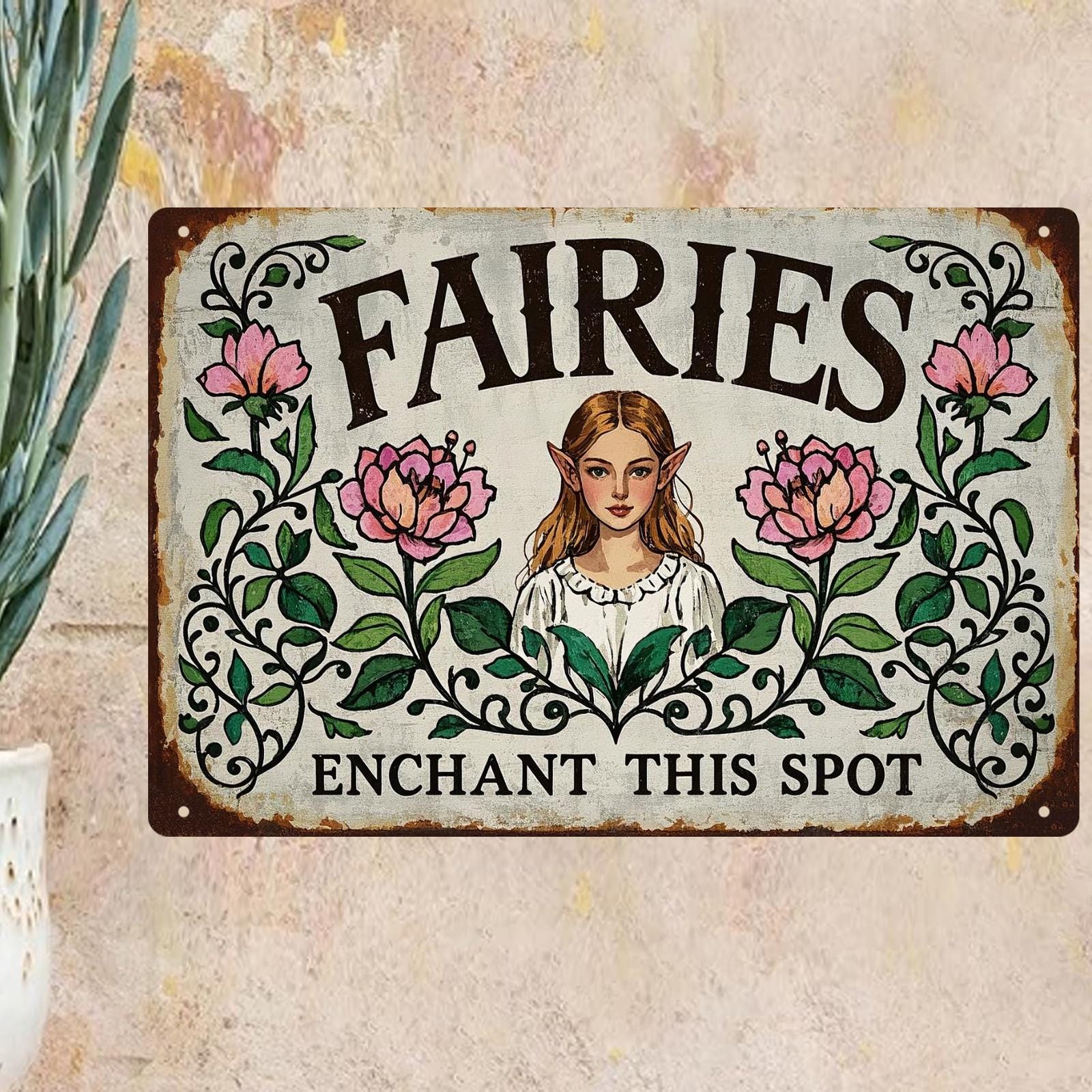 Vintage Fairy Garden Metal Sign: Rustic Home Decor (8x12)