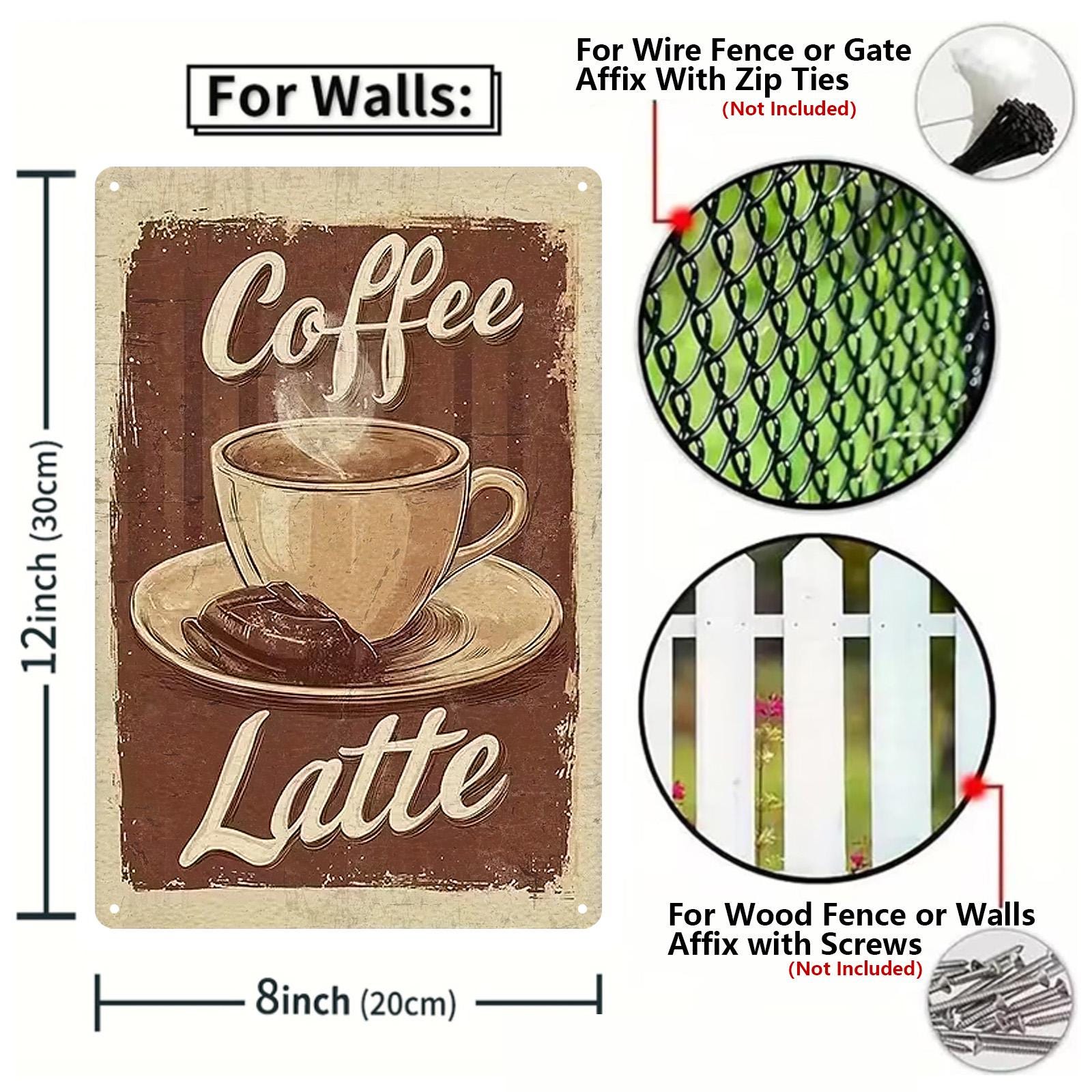 Vintage Coffee Latte Metal Sign, Cafe Kitchen Decor