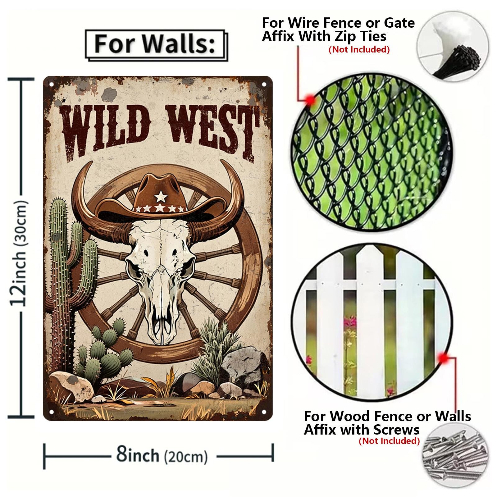 Retro Western Metal Sign: Cowboy, Horse, Cactus Print