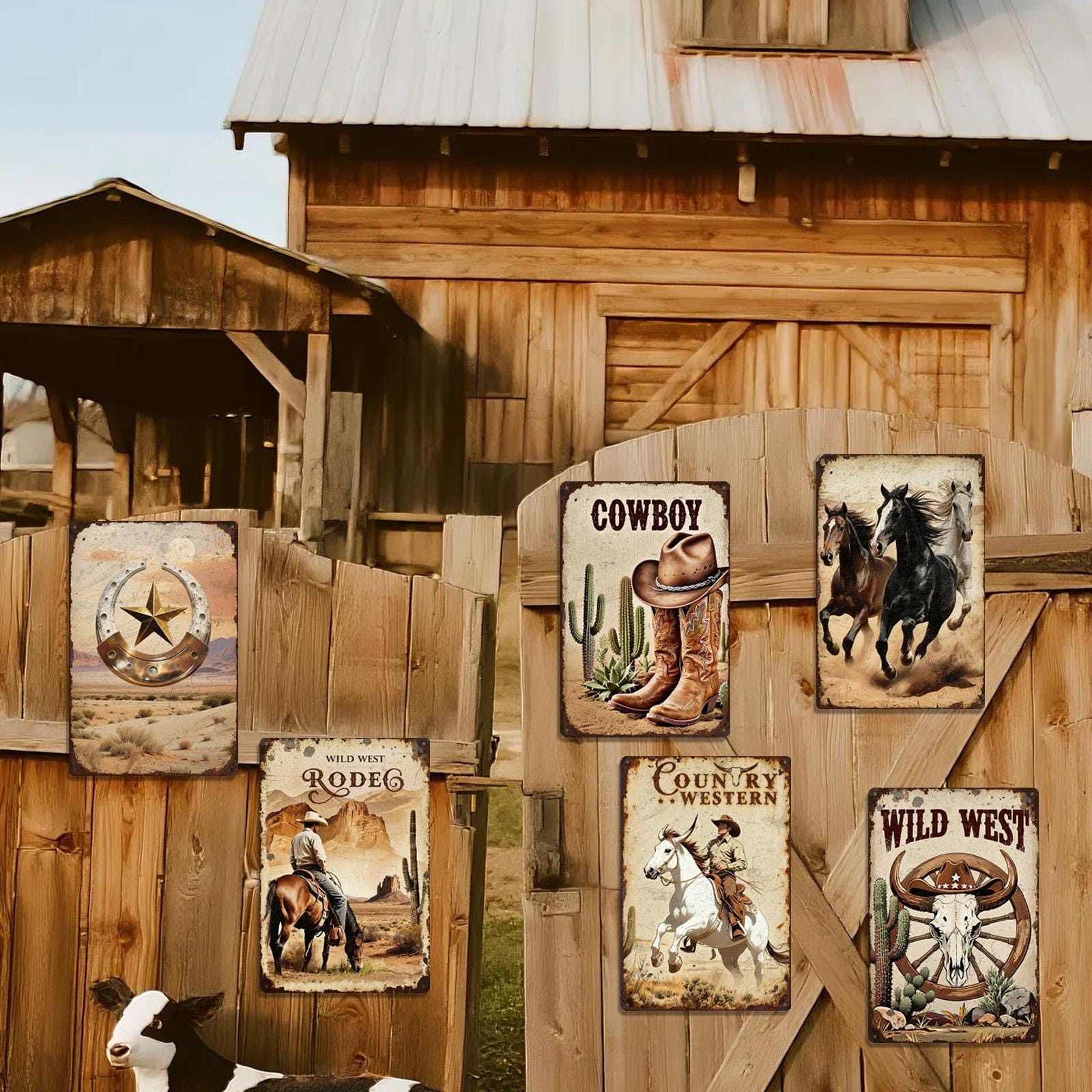 Retro Western Metal Sign: Cowboy, Horse, Cactus Print