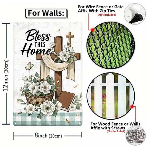 Christian Home Decor Metal Sign Set, Green Checkered Floral Art